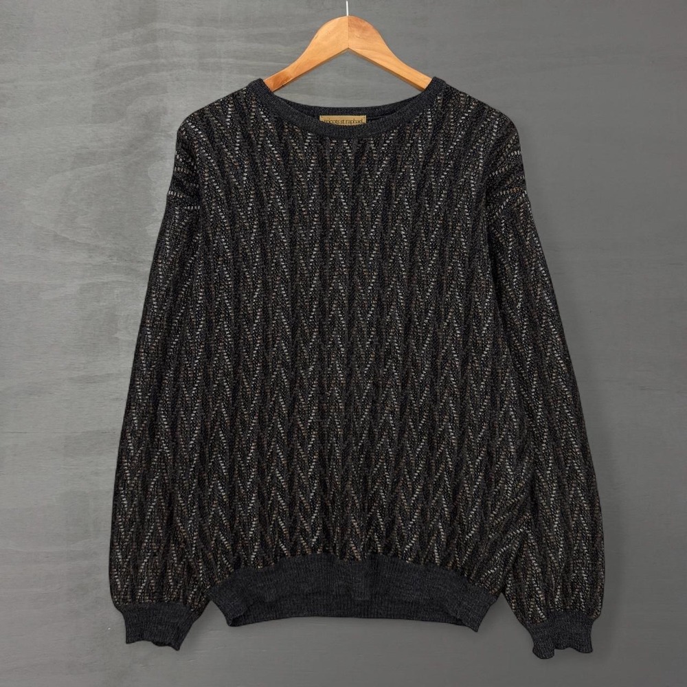 Vintage Tricots St Raphael Sweater Charcoal Grey Merino Wool Chevron Knit Medium